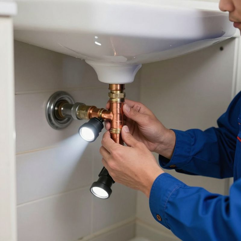 Plumber tightening a copper pipe joint